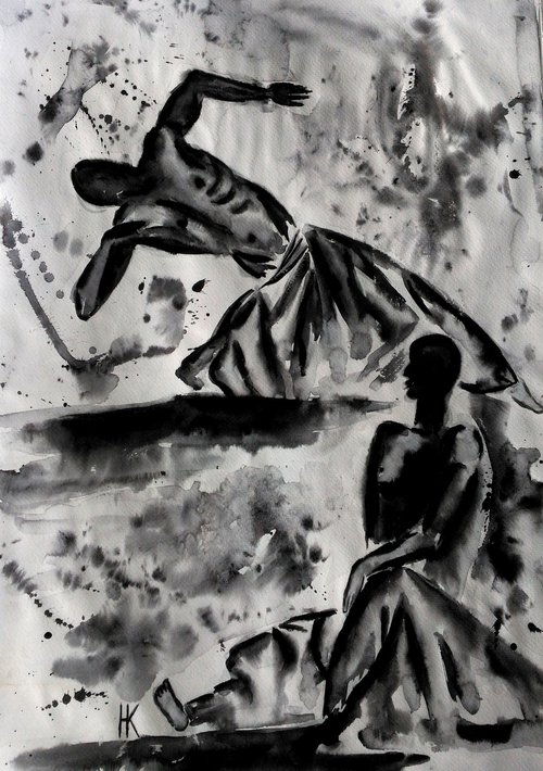 Dancer Painting Man Original Art Male Body Watercolor Artwork Figurative Wall Art 14 by 20" by Halyna Kirichenko by Halyna Kirichenko