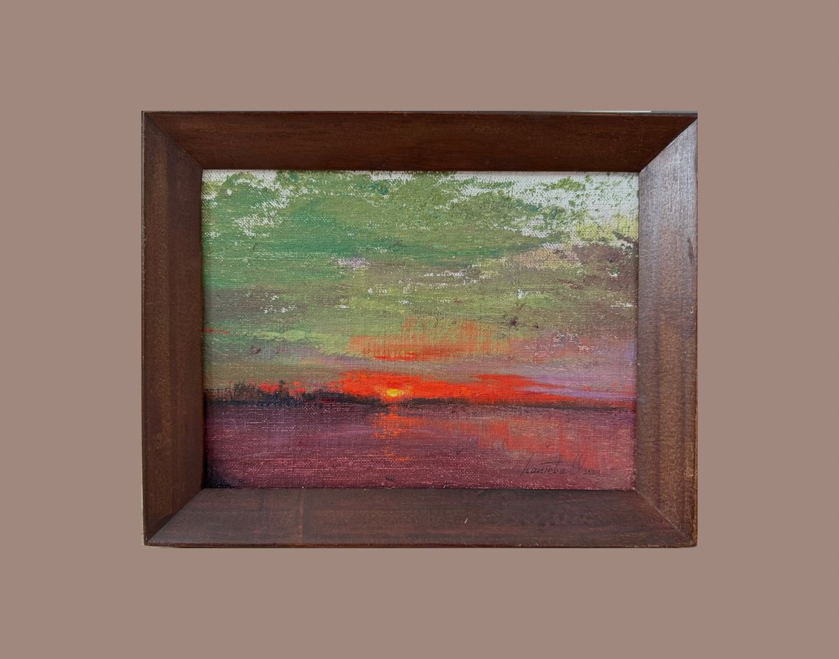 Abstract Landscape Oil Painting By Olha Laptieva, 11 X 9", Green Sky, Original Artwork