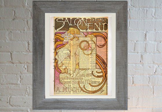 Salon des Cent Juin 1987 - Collage Art Print on Large Real English Dictionary Vintage Book Page
