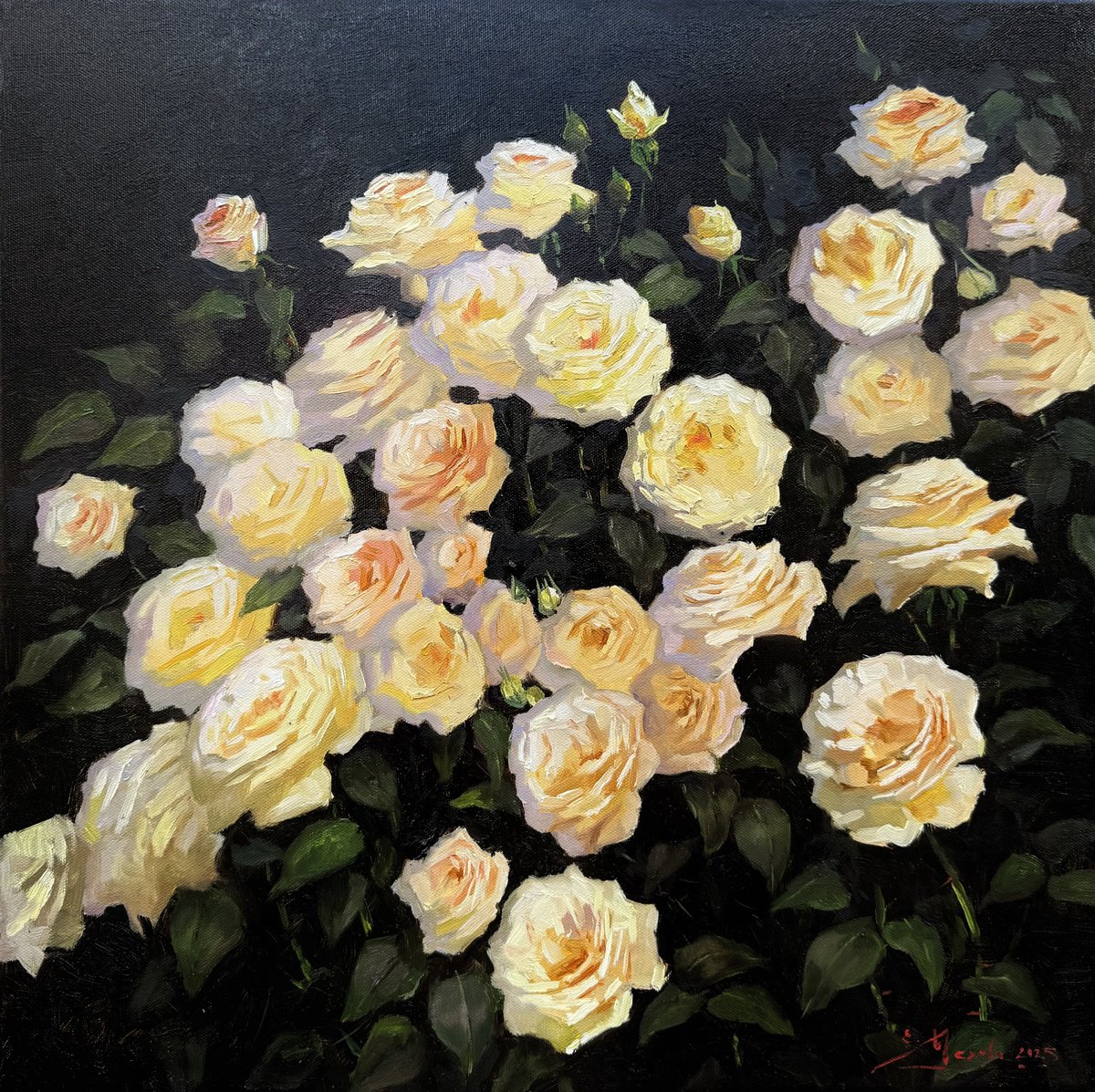 Impressionistic Botanical Oil Painting By Evgeniia Mekhova, 20 X 20, Yellow And Peach Roses, Original Artwork