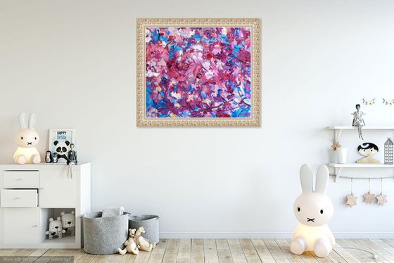 SAKURA BLOSSOM - abstract floral original oil on canvas painting, blue rose cherry-tree, Japan