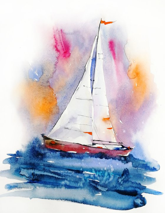 Sailboat painting. Seascape