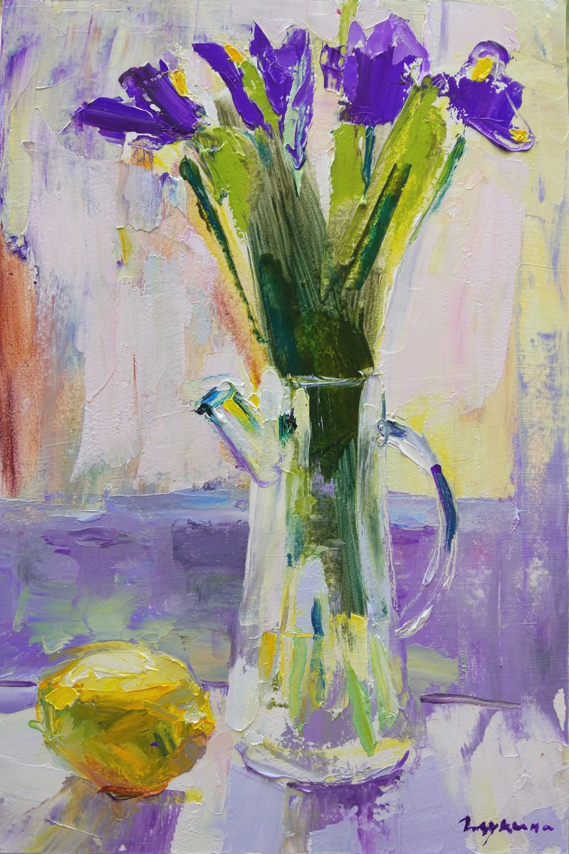 Irises and lemon. Original oil painting by Helen Shukina