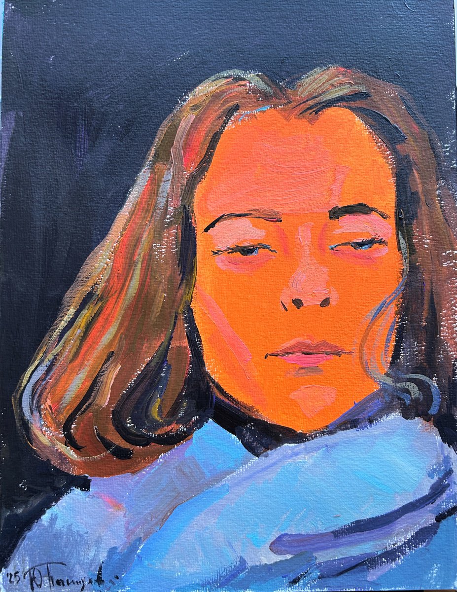 Expressive Portrait Acrylic Painting By Yuliia Pastukhova, 12 X 16", She In The Orange Light, Original Artwork