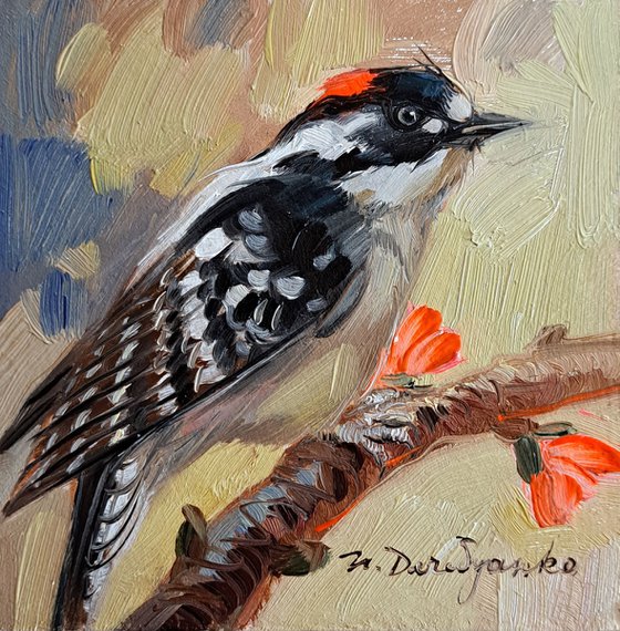 Black white bird painting original wall art 4x4 inch, Woodpecker bird on branch animal art gift