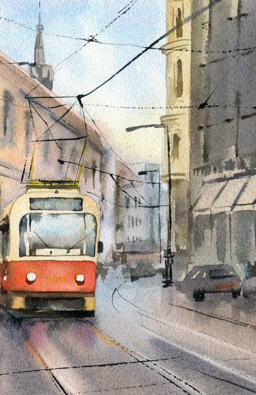 City landscape with a red tram. Saint Petersburg. Original watercolor artwork. by Evgeniya Mokeeva