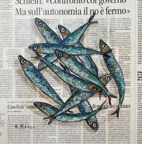 "Small Fishes Anchovies on Newspaper" Original Oil on Canvas Board 12 by 12 inches (30x30 cm) by Katia Ricci