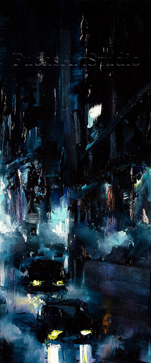 City night art painting urban black and blue by Bozhena Fuchs