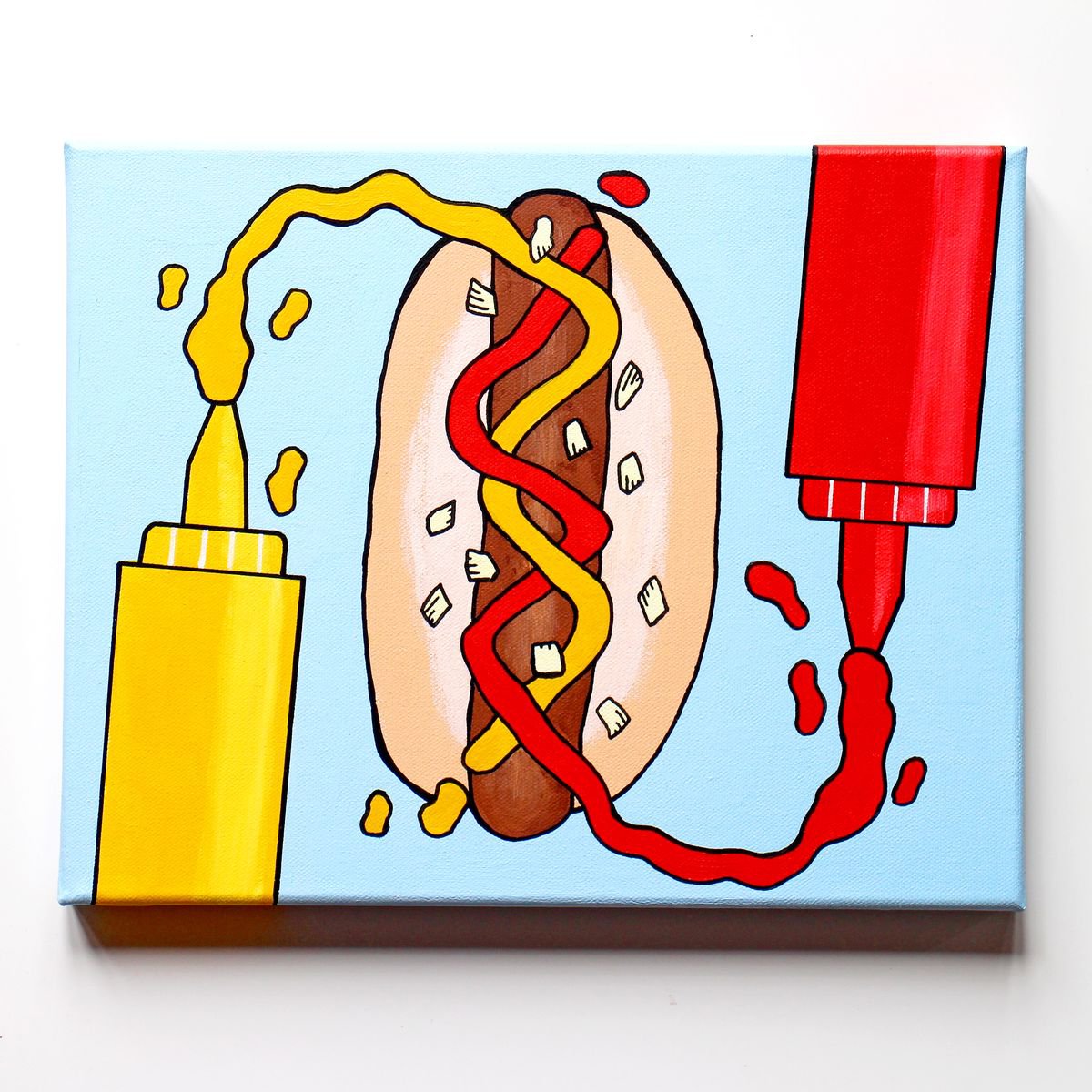 Urban And Pop Still Life Acrylic Painting By Ian Viggars, 12 X 9, Hot Dog With Ketchup & Mustard, Original Artwork