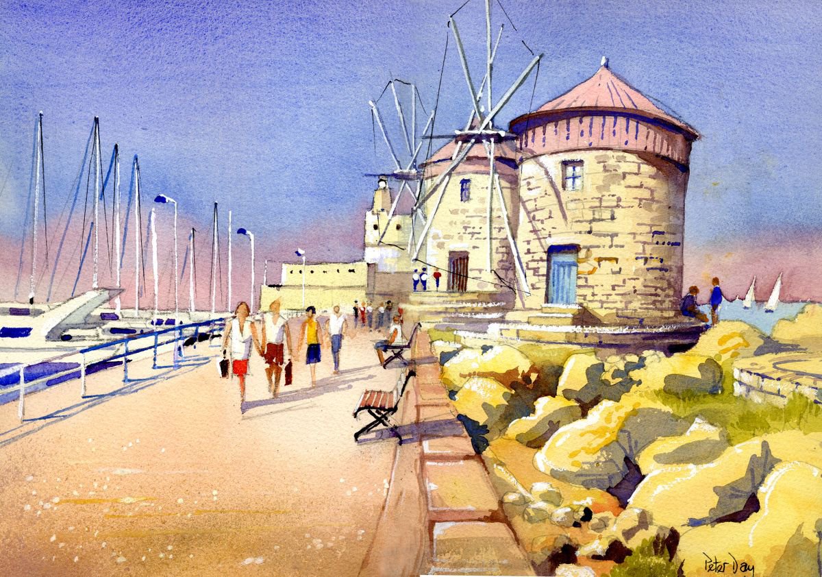 Impressionistic Landscape Watercolour By Peter Day, 17 X 13", Windmills At Rhodes Harbour, Original Artwork