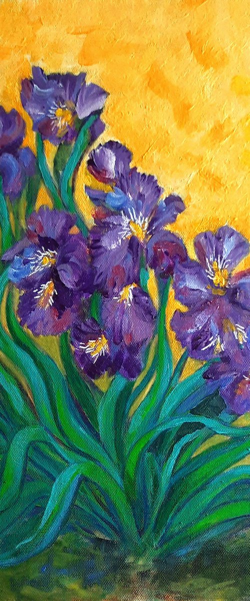 Purple Irises Expressionist acrylic painting on canvas 12"x 16" by Asha Shenoy