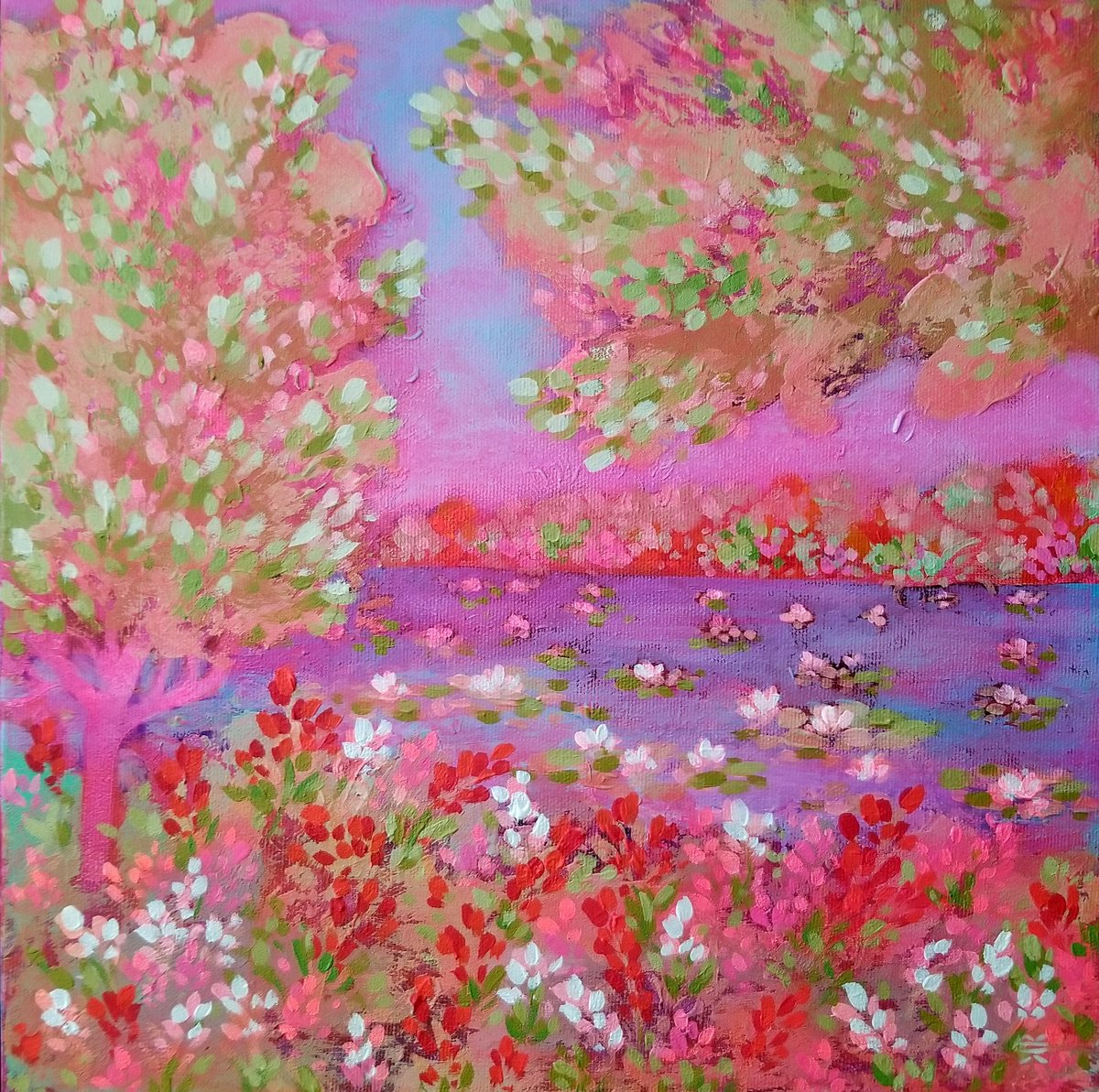 Impressionistic Landscape Acrylic Painting By Karen Rieger, 12 X 12", Evening Aria, Original Artwork