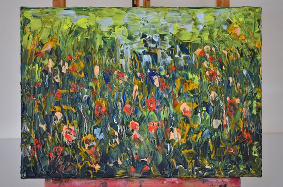 Green Meadow - Palette knife  Modern abstract flowers