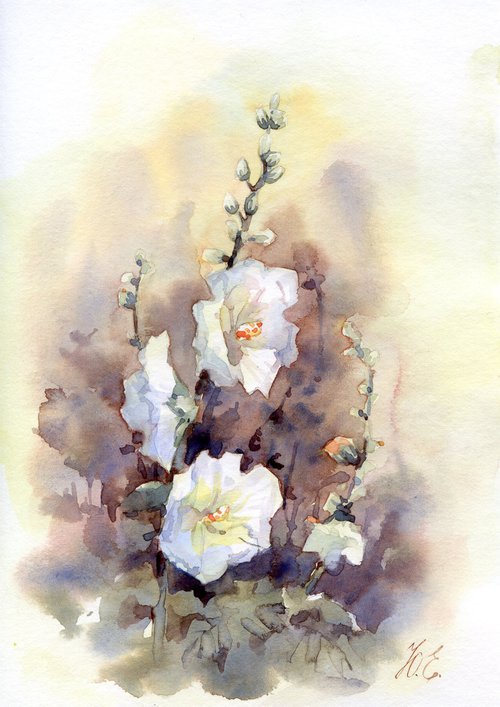 White Hollyhocks in watercolor, Small Wild flowers painting by Yulia Evsyukova