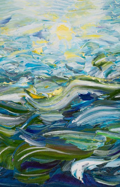 Original Oil Painting with Palette knife on canvas - water, ocean, blue, sea, Impressionist Roling Blue Sea Waves   (11”X 17”X0.5") by Lena Owens at OLena Art