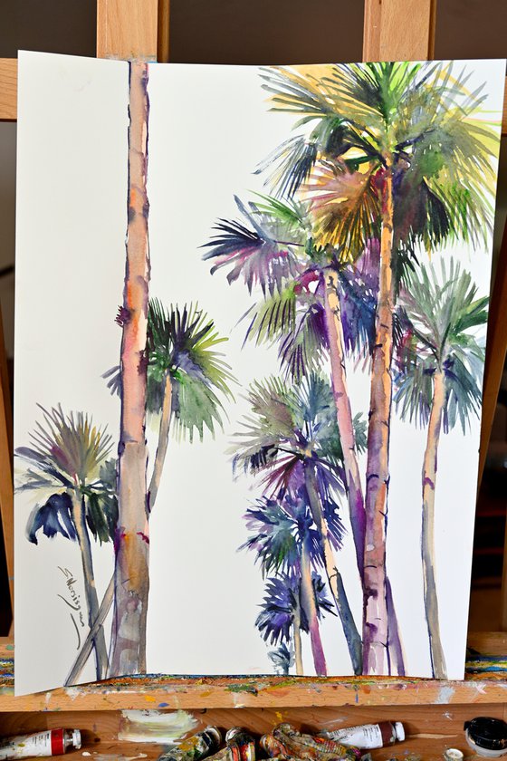 Californian Palm Trees on The Road, large watercolor painting