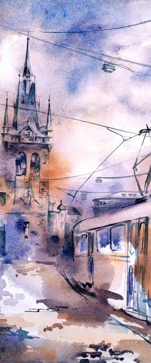 "City of dreams. Prague silhouettes" architectural landscape - Original watercolor painting by Ksenia Selianko