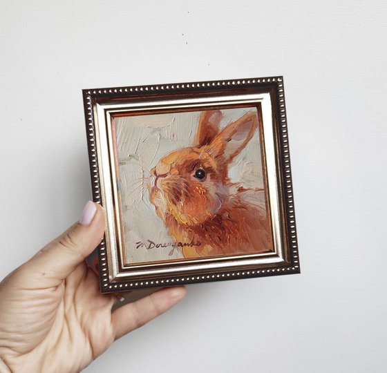Cute rabbit painting original oil framed 4x4, Small framed art white rabbit black eye artwork yellow background