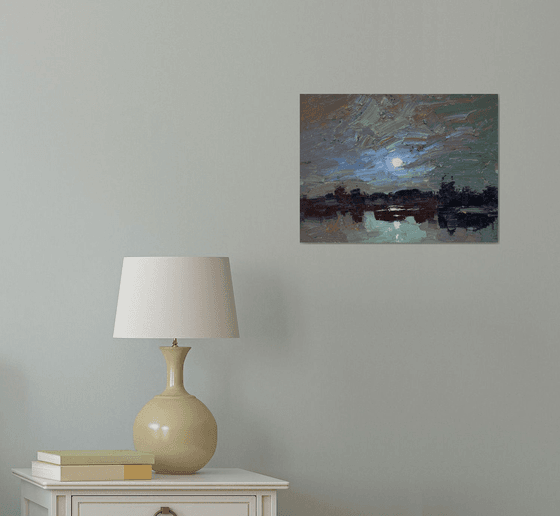 Oil painting, Sunset art, River Landscape, lake art, Impasto painting, Small artwork, Lake art painting, Housewarming gift first home