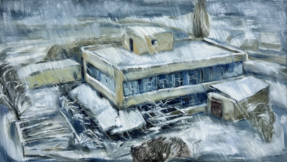 Expressive Cityscapes Oil Painting By Raffi Ghazaryan, 30 X 17", "Winter Silent Embrace