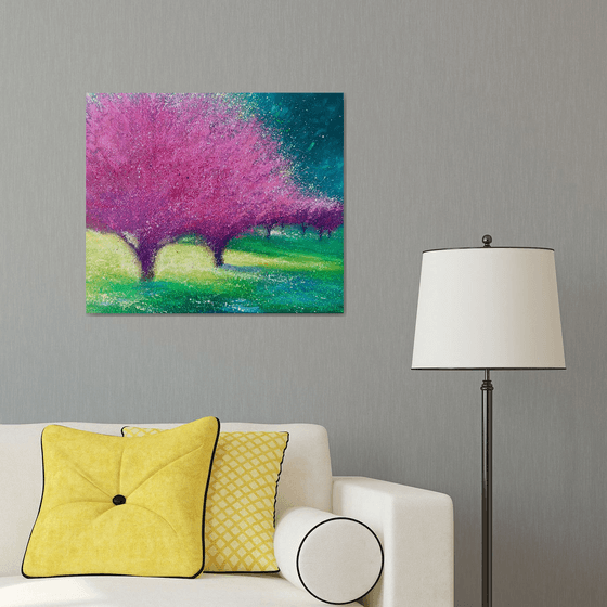 Sakura blossom painting on canvas, spring flower, nature wall art