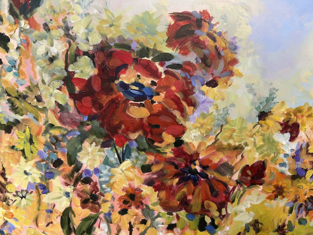 Impressionistic Botanical Acrylic Painting By Annette Wolters, 48 X 36, Fiesta, Original Artwork