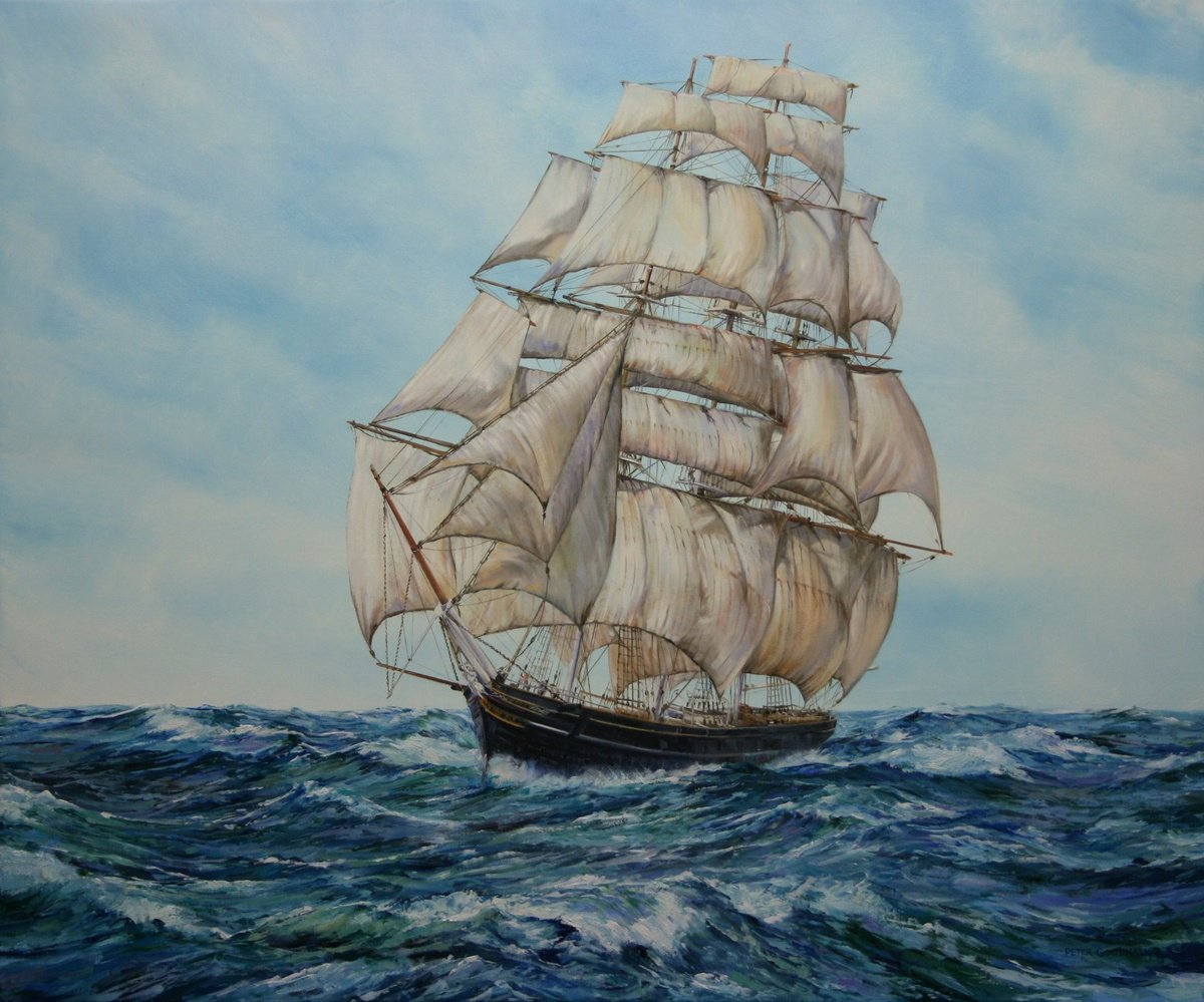 Landscape Oil Painting By Peter Goodhall, 30 X 26", The Cutty Sark At Sea, Original Artwork