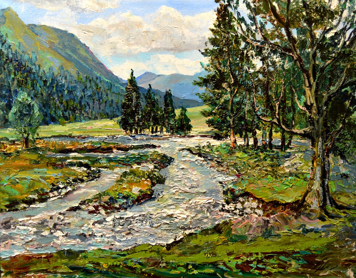 Scenic mountain river. Impasto bright painting by Dmitry Revyakin