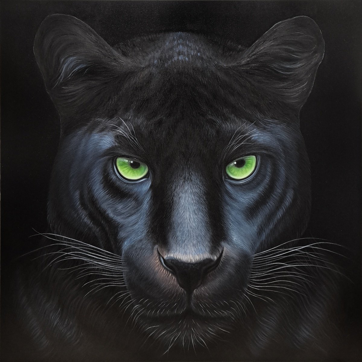 Photorealistic Animal Oil Painting By Anna Steshenko, 33 X 33, Portrait Of Black Panther, Original Artwork
