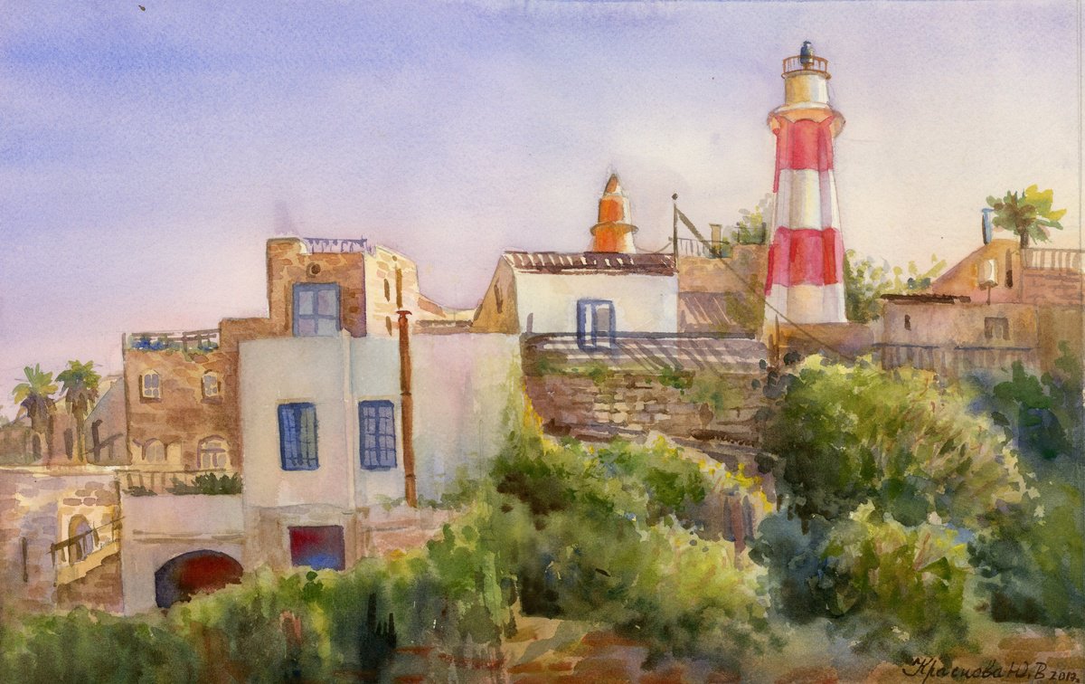 Impressionistic Landscape Watercolour By Yulia Krasnov, 15 X 10", Lighthouse In Jaffa, Original Artwork