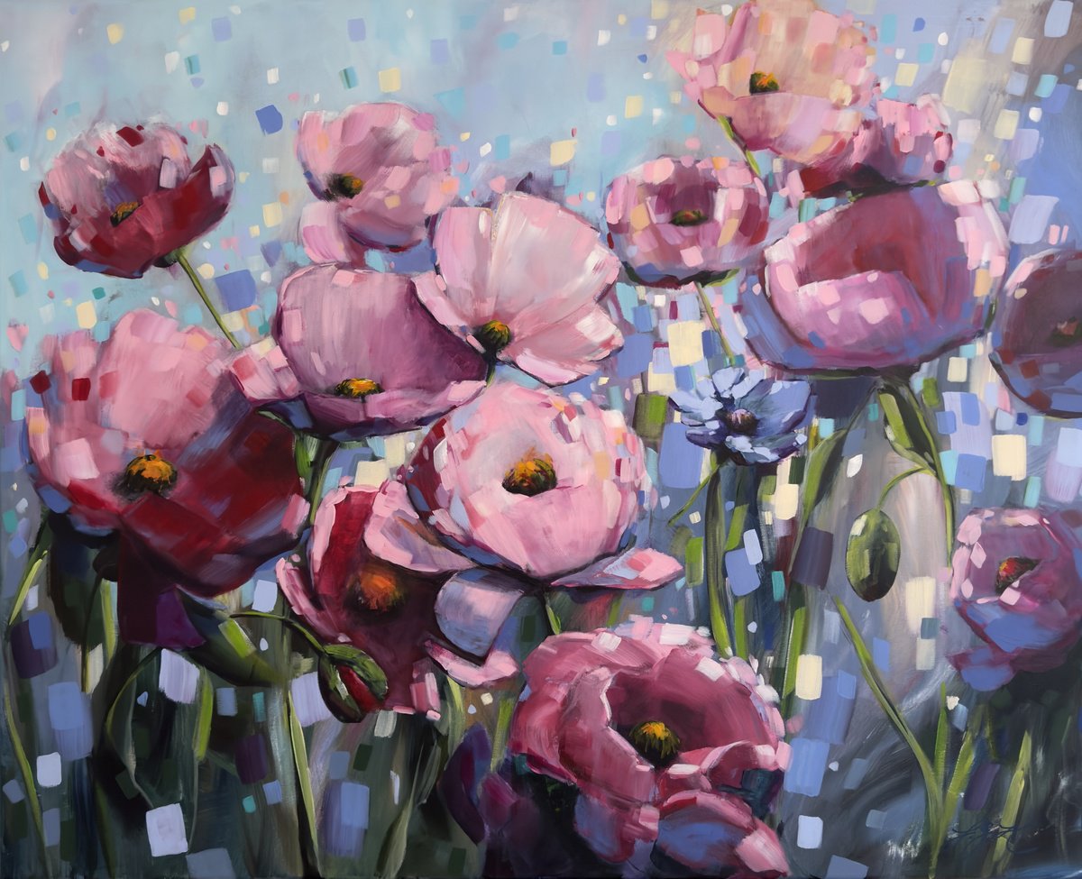 Impressionistic Botanical Acrylic Painting By Sandra Gebhardt-Hoepfner, 39 X 31", Bold Summer Feeling 1, Original Artwork