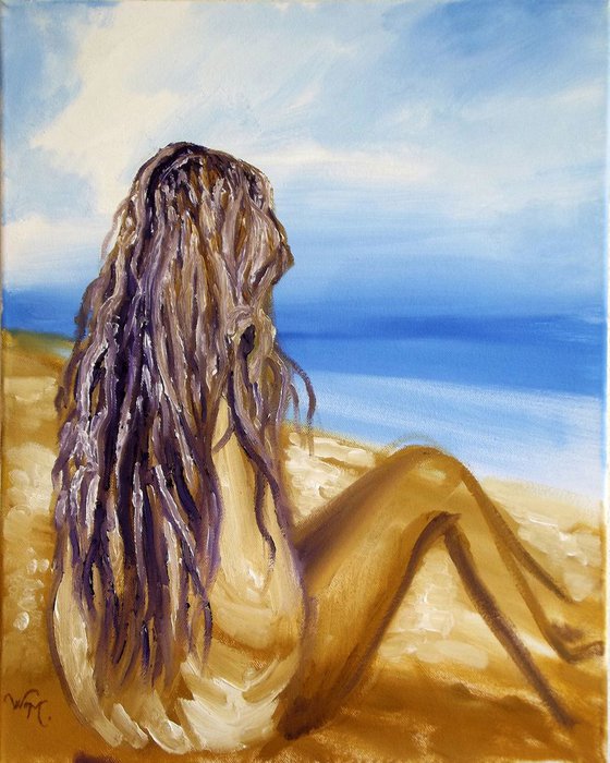 SEASIDE GIRL - Sitting at the Seaside - Oil painting on canvas (40x50cm)