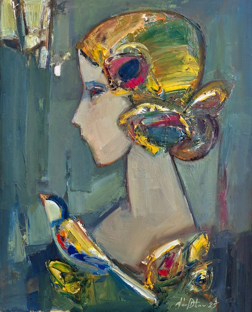 Abstract Portrait Oil Painting By Matevos Sargsyan, 16 X 20", The Golden Thought, Original Artwork