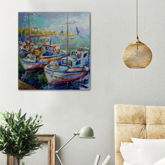 Painting Fishing boats, Nautical Painting, boat yacht bay