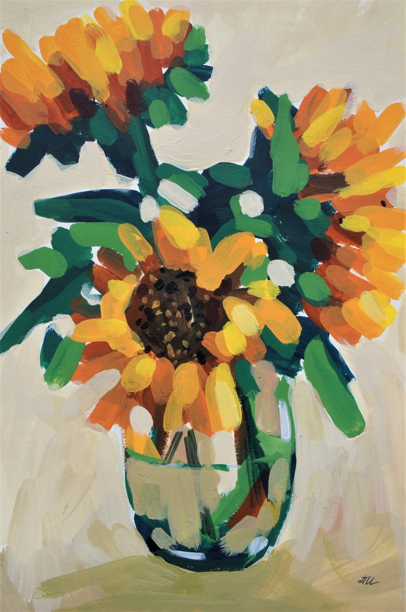 Impressionistic Botanical Acrylic Painting By Irina Plaksina, 9 X 13, Sunflowers In Vase, Original Artwork