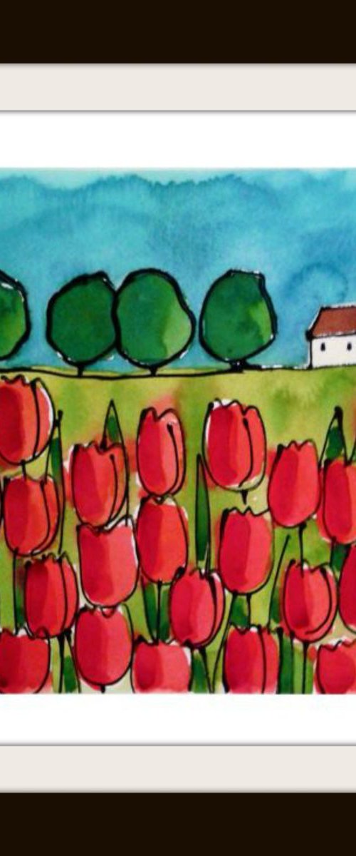 White Cottage with Red Tulips by Jan Rippingham