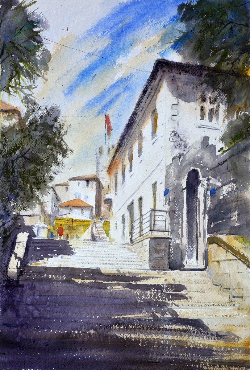 Stairway with shadow Herceg Novi Montenegro 53x35cm 2020 by Nenad Kojic watercolorist