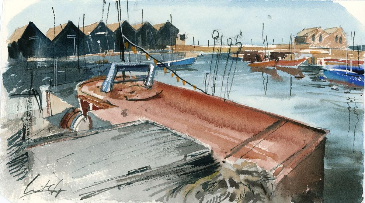Boats dock in Old Jaffa original watercolor painting by Sophie Rodionov