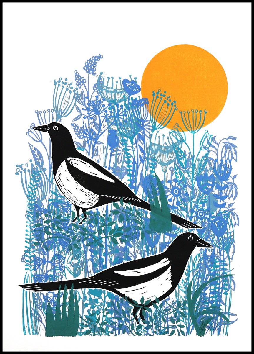 Linocut , Magpies Morning By Mariann Johansen-Ellis, 20 X 27, Artwork For Sale On Artfinder
