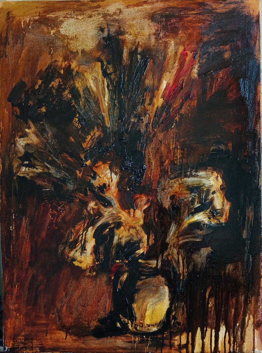 Expressive Botanical Oil Painting By Stanislava Cherkasova, 30 X 39", Thistle, Original Artwork