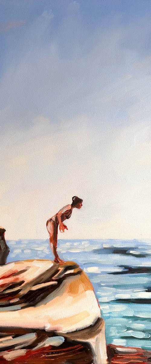 Jump or not? - Woman on Rocks Seascape Original Painting by Daria Gerasimova