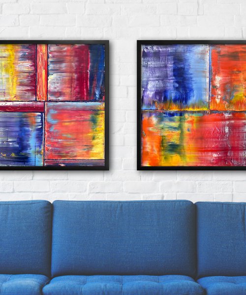 "Birds Of A Feather" - Save As A Series - Original PMS Abstract Diptych Oil Paintings On Plexiglass, Framed - 52" x 26" by Preston M. Smith (PMS)