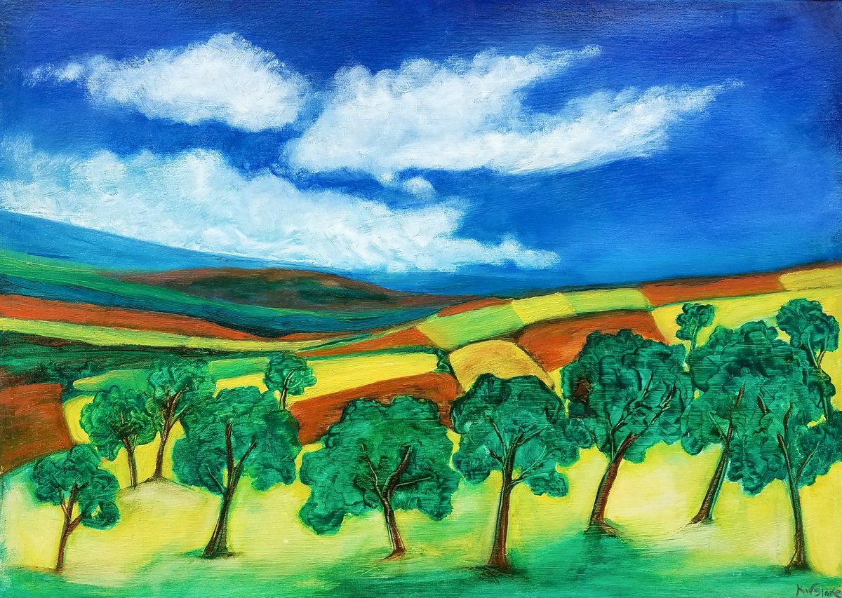 Impressionistic Landscape Oil Painting By Kevin Blake, 28 X 20", The Valley Orchard, Original Artwork