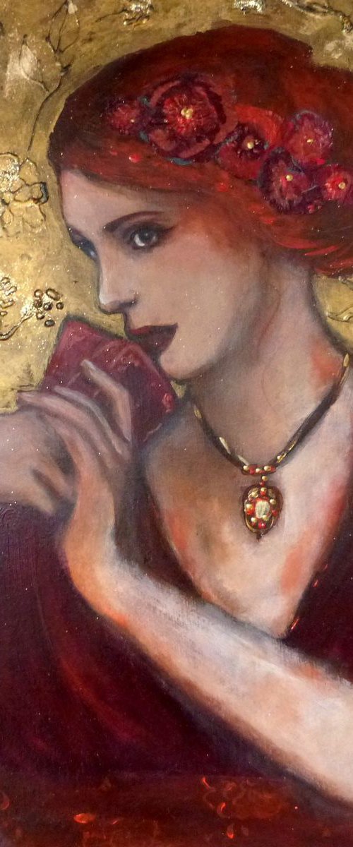 Woman portrait red hair Tarot carmin 27x35cm. by Loetitia Pillault