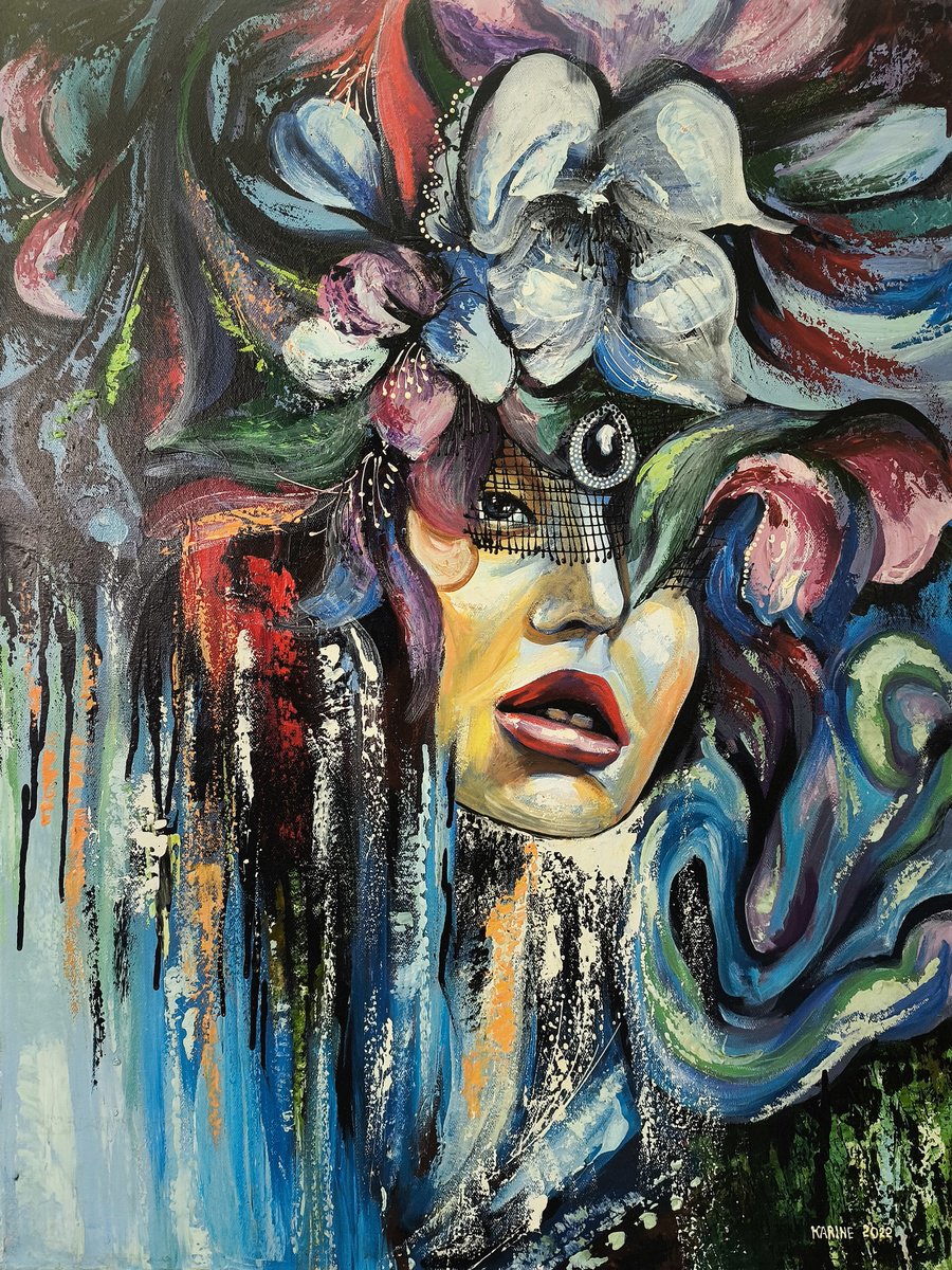 Abstract Portrait Oil Painting By Karine Harutyunyan, 24 X 31", Hidden Beauty, Original Artwork
