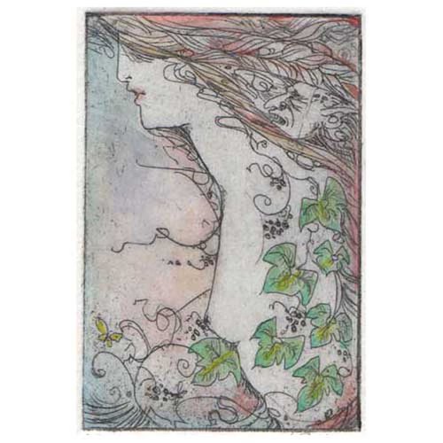 Ivy fantasy etching with a woman and goblin and ivy leaves by Liza Paizis