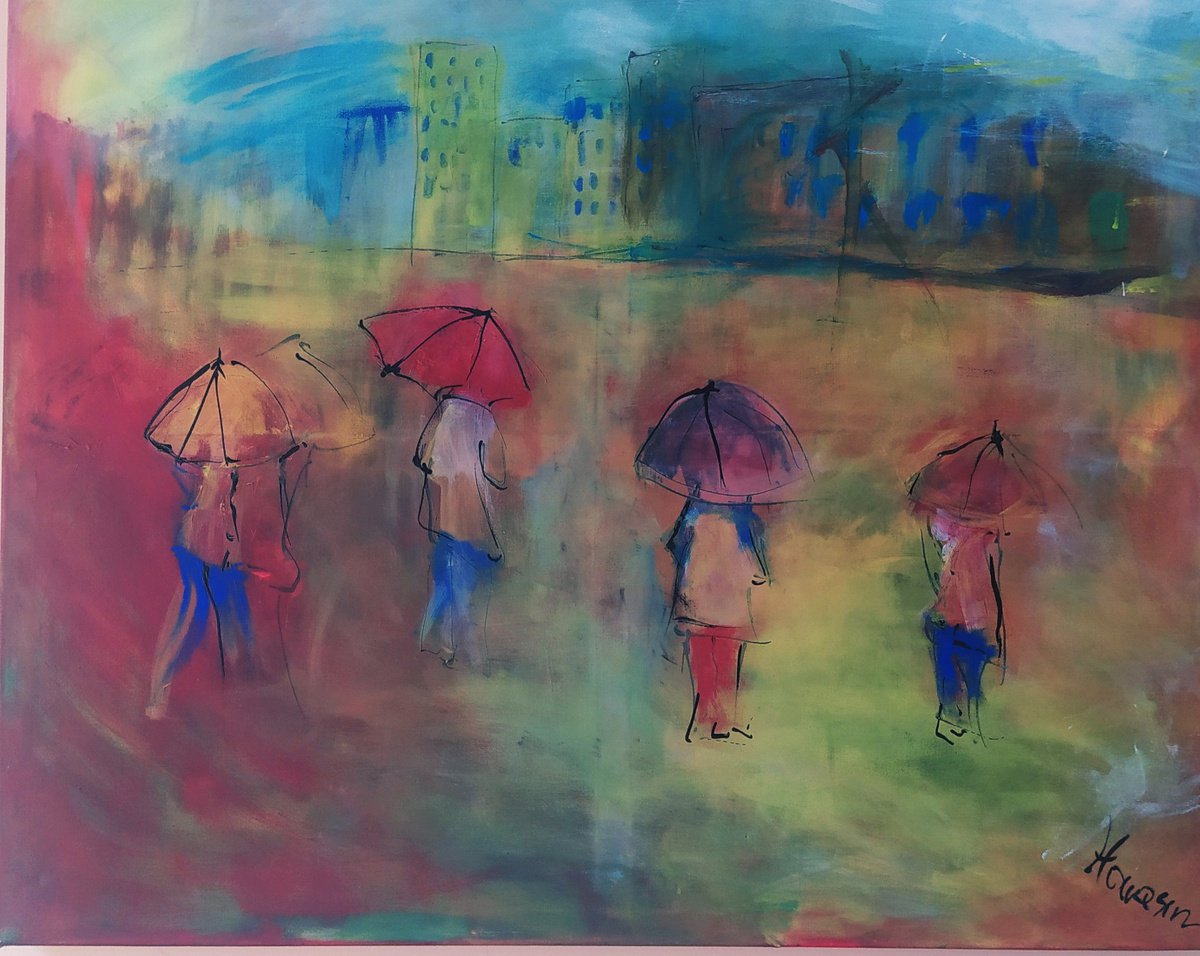 Impressionistic Cityscapes Acrylic Painting By Beata Harasim, 39 X 31, Rainy, Original Artwork
