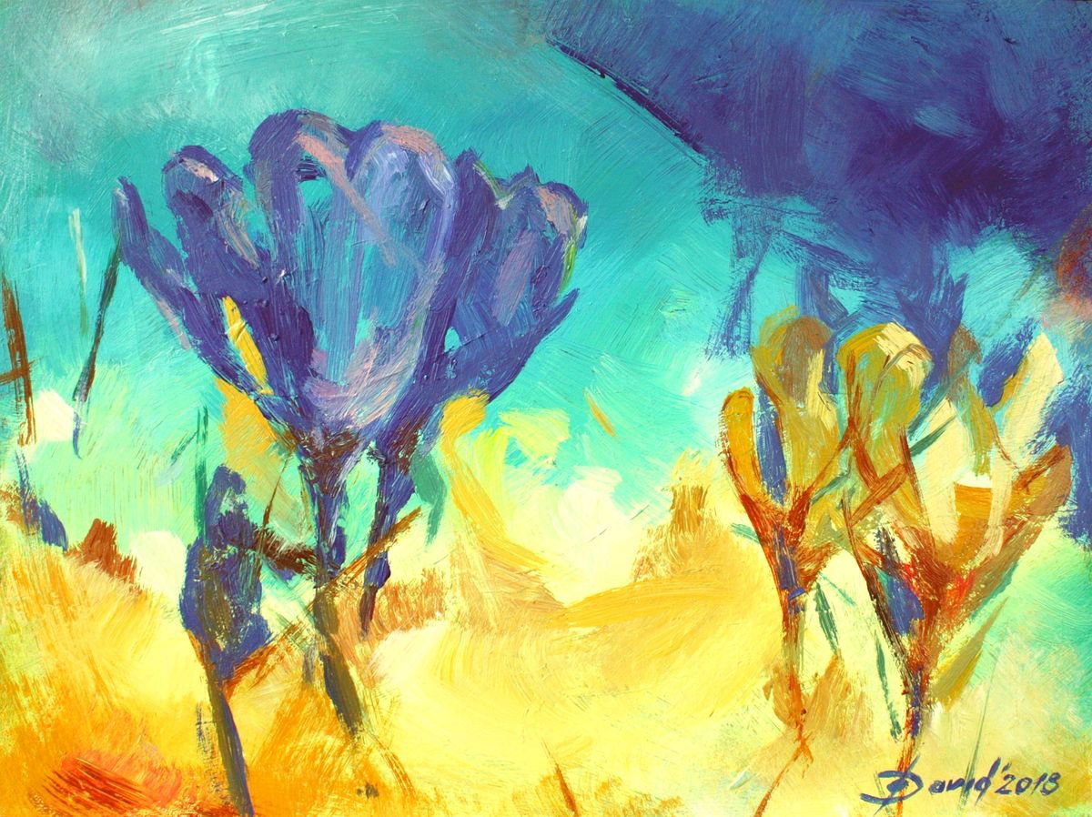 Organic Botanical Acrylic Painting By Olga David, 16 X 12", Krokusse, Original Artwork