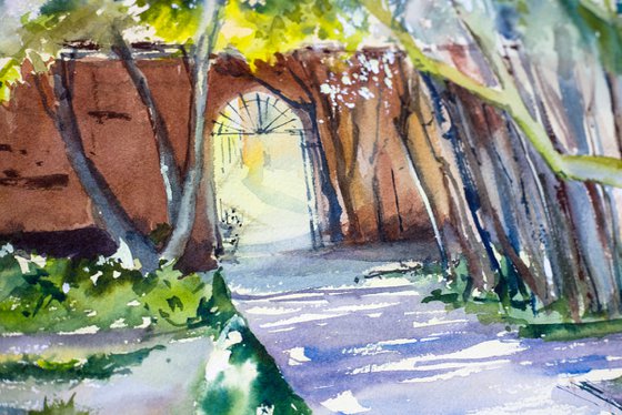 Secret garden in Salamanca. Almond in bloom. Big format watercolor urban landscape door interior decor romantic