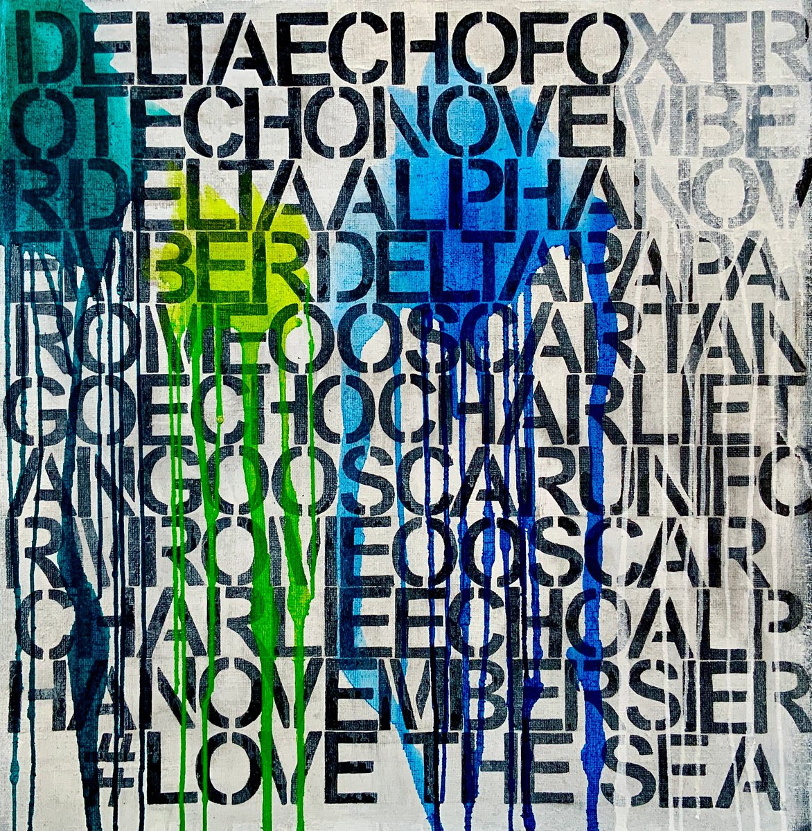 Typographic Landscape Acrylic Painting By Anita Kaufmann, 28 X 28, Save Our Oceans No. 8621, Original Artwork